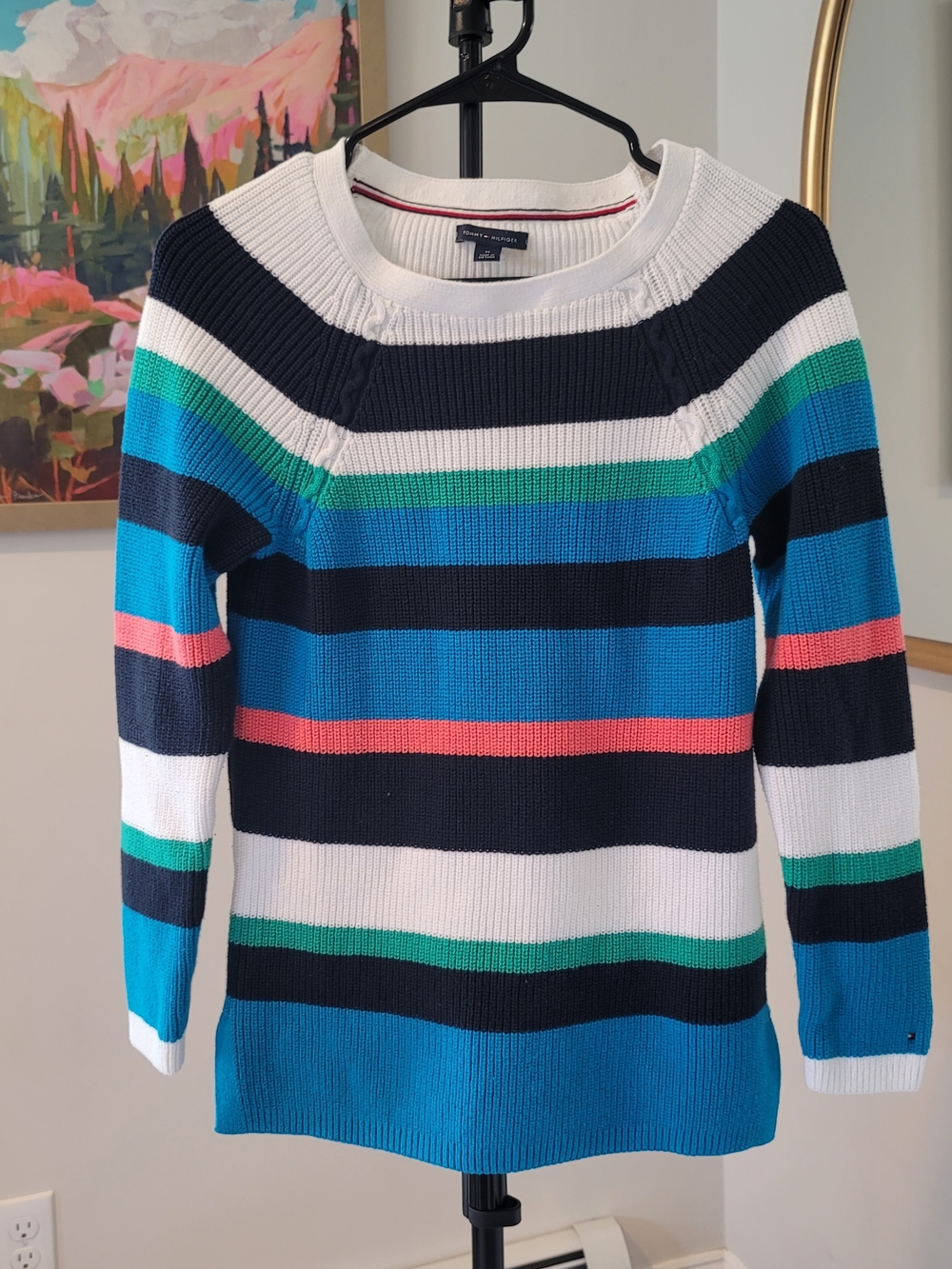 TOMMY HILFIGER Crewneck Blue Multicolor Stripe Sweater Preppy Women's Size M